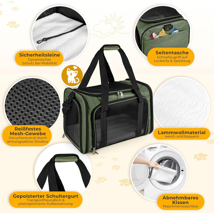 Транспортна сумка для кота/собаки до 5 кг, складана, з плечовим ременем, 50 x 34 x 34 см, зелена