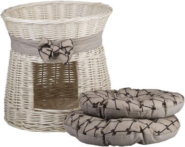 Кругла котяча хатинка e-wicker24 з плетеної лози, двоярусна, з подушкою та стрічкою, котячий турнік (кремово-бежевий)