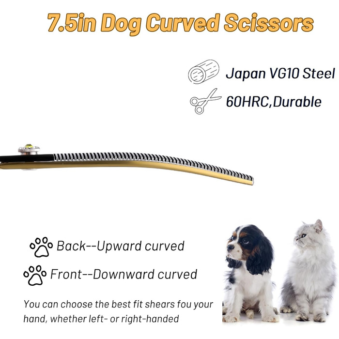 Професійна вигнута ножиця для грумінгу домашніх тварин 7.5 дюймів, 56 зубів, кут вигину 25°, золота, преміум-якість