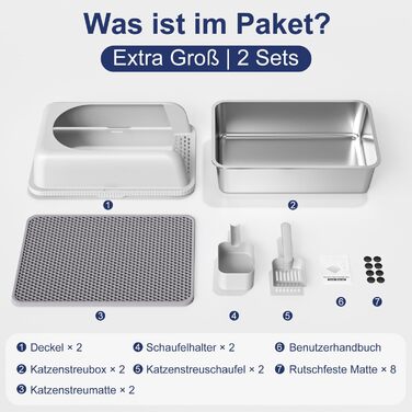 Набір для котів: лоток з нержавіючої сталі, 60x40x30 см, 28 л, з кришкою, килимком та совком