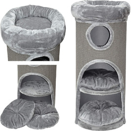 Nanook Котячий когтеточка-стовпчик, сірий, 100x40 см, стійкий, з лежаком, плюшевим бортиком і котячим будиночком
