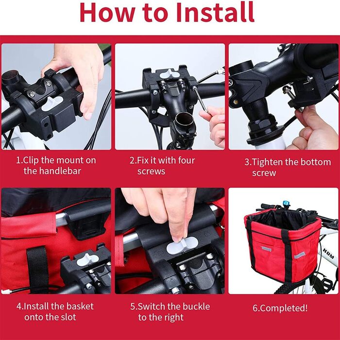 Фалцфальтерний велосипедний кошик для собак, передній велосипедний кошик, легко встановлюється, знімний велосипедний кошик-сумка, з адаптером керма для маленьких собак, для покупок, пікніків (червоний)