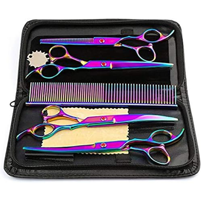 Професійні ножиці для собак 7 дюймів, набір 4 шт. (прямі, вигнуті, розріджувачі), чорний