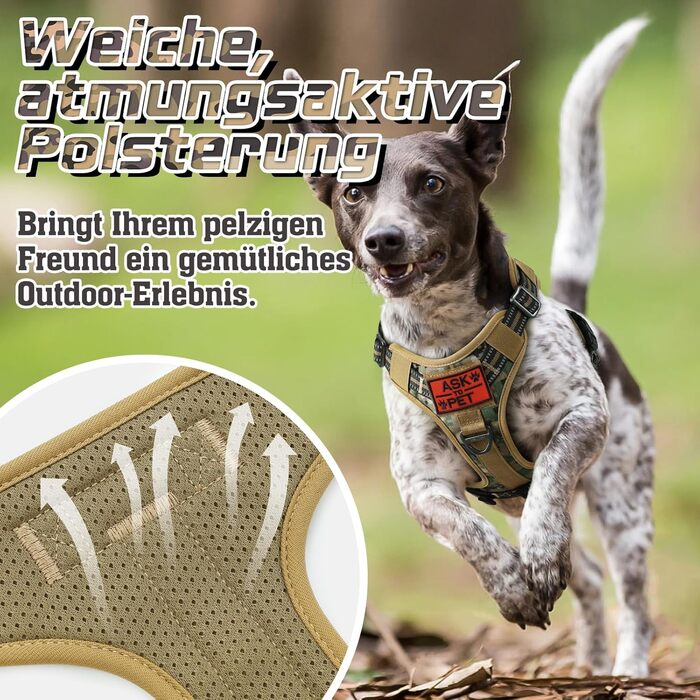 Нашийник для собак Rabbitgoo середнього розміру, анти-тяговильний, регульований з ручкою, міцний, з металевими пряжками, для піших прогулянок (M, L), камуфляжний, коричневий