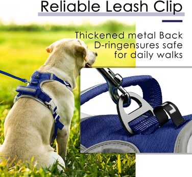 Шлейка для собак ThinkPet проти тяги, дихаюча, з ручкою, світловідбиваюча, регульована, для середніх та великих собак, застібка ззаду/спереду для зручного контролю, L, Темно-синій L (Обхват грудей: 19'-30'), Темно-синій