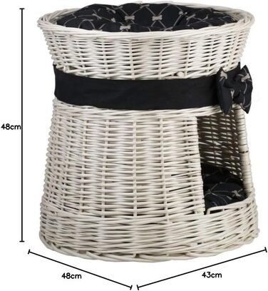 Кругла котяча хатинка e-wicker24 з плетеної лози, двоярусна, з подушкою та стрічкою, котячий будиночок (кремовий/чорний)