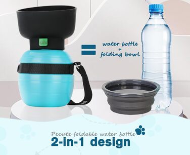 Водяна пляшка для собак Pecute з мискою, 850 мл (XL), блакитна