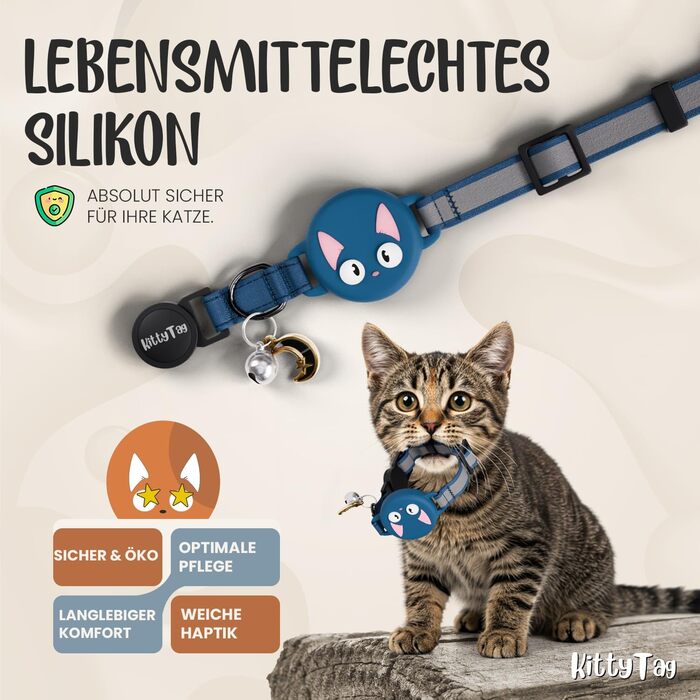 Нашийник для котів KittyTag з аксесуарами, сумісний з Apple Airtag, світловідбиваючий та світосвітний, GPS, захист від задушення, регульований (темно-синій)