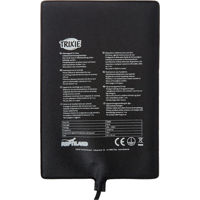 Килимок з підігрівом для тераріумних тварин TRIXIE, 20 x 30 см, 16 Вт, чорний