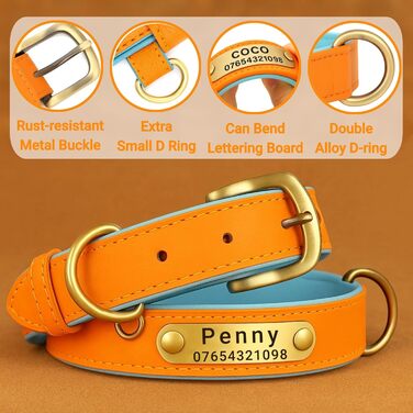 Нашийник та поводок для собак, шкіряний, персоналізований, м'який, з міцним нашийником та індивідуальною табличкою, регульований (M, верблюжий, комплект (S:Neck 23-32cm, Width 1.5cm, помаранчевий та блакитний))