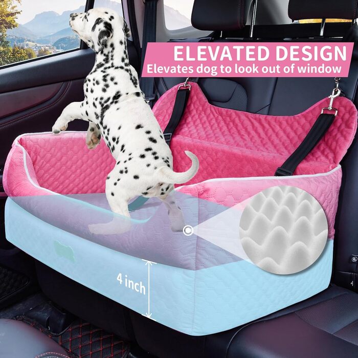 Автокрісло для собак великих та середніх порід – підйомник з memory foam для собак вагою до 25 кг або 2 маленьких собак, знімний та пральний лежак з товстим матрацом та кишенями для зберігання, Рожевий, Large Pink