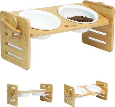 Підставка для корму для собак та котів, регульована висота, керамічна миска з бамбуковим підставкою, нахилена платформа для котів та маленьких собак (40*16)