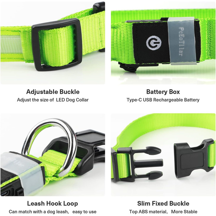 Світлодіодне нашийник для собак Leuchthalsband, водонепроникний, 7 кольорів, регульований, для маленьких та великих собак, 8 режимів, зелений, розмір M (38-50 см)