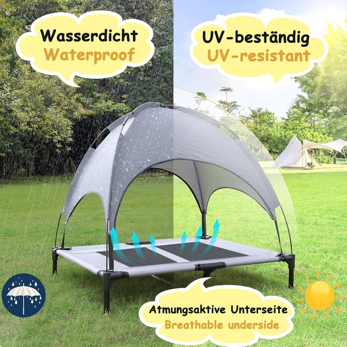 Лежанка для собак з балдахіном, лежанка для котів, лежанка для тварин на вулицю, собаче ліжко, собачий диван, місце для сну з підняттям, дихаюча тканина, тафта, до 40 кг (M, 76x61x76 см), (L 92 x 76 x92 см)