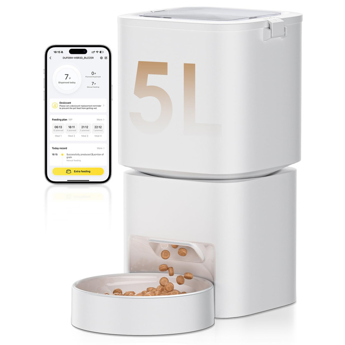 Автоматичний годівниця для котів та собак з Wi-Fi, 5L, керування через додаток, 1-10 прийомів їжі на день