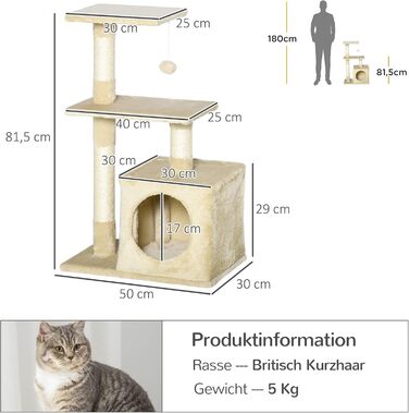 Дряпальня для котів PawHut з сизалю, котячий комплекс, кігтеточка, іграшка для котів, стабільна, з м'яким плюшем, E1-клас ДСП, бежевий, 50 x 30 x 81,5 см