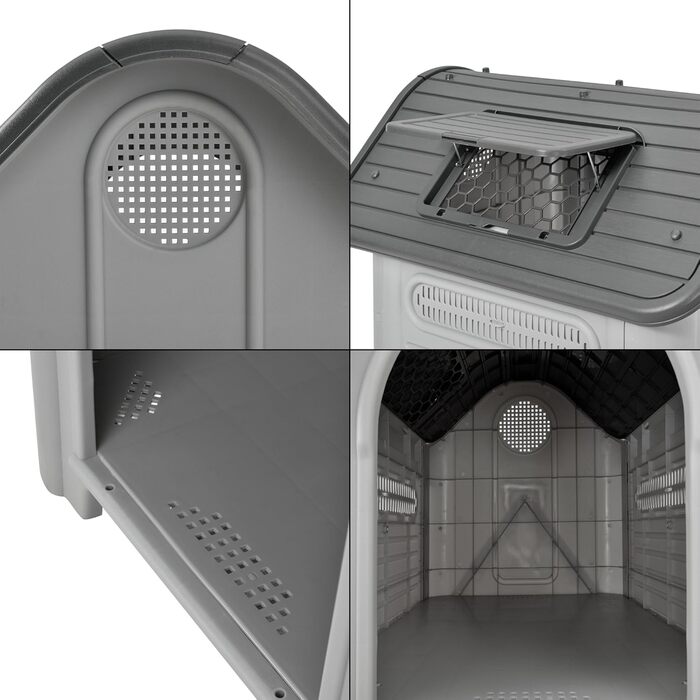 Будка для собак [en.casa] з даховим люком, 87x72x75,5 см, сіро-чорна, з ПВХ, укриття, пластиковий будиночок для собак
