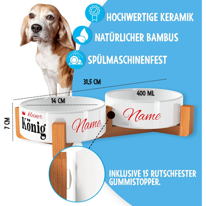 Персоналізована годівниця для собак OWLBOOK з іменем – подвійний миска з кераміки та бамбуковим каркасом, 300 мл