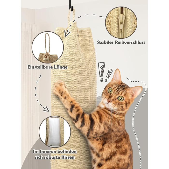 Кліматизатор для котів BSWAY 16x16x240 см, котяче канатне дерево, мішок з сизалю, котячий кліматизатор з гачками та наповнювачем