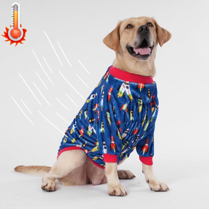 LovinPet светр для великих собак з фланелі, теплий одяг для собак, синій з принтом ракети, гіпоалергенний, для маленьких і великих порід