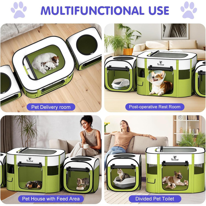 Pawaboo Зручний переносна клітка для тварин, розкладний вольєр для собак та котів з водонепроникного оксфорду, з сумкою для перенесення та мискою, для цуценят, котів, кроликів, для використання в приміщенні та на вулиці, зелений, 80x60x55 см (3-в-1 вольєр