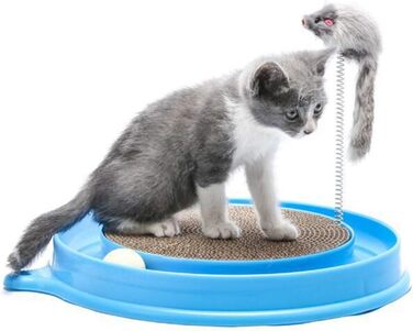 Кігтеточка для котів з м'ячиком та іграшковою мишкою - інтерактивна іграшка для кошенят, тренування та розваги. Ігровий мат для котів, синій.