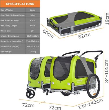 DOGGYHUT® Преміум великий велосипедний причіп для собак 2 в 1, буксир для собак, біговий причіп для собак, великий об'єм 270 літрів, для середніх та великих собак до 35 кг, зелений / чорний