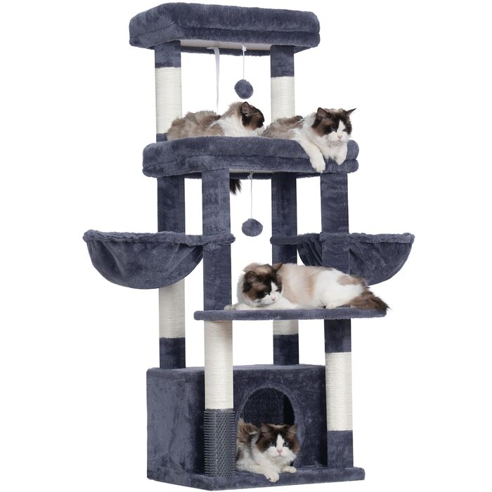 Котячий будиночок Hey-brother Kratzbaum для великих котів та Мейн-кунів, багатоярусний, стабільний, з 2 платформами, 2 котячими будиночками, великою печерею та щіткою, EMPJ070W (димно-сірий)