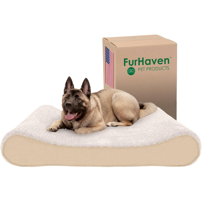 Крісло-ліжко для собак великих порід Furhaven з memory foam, знімний та пральний чохол, до 68 кг, штучне хутро та замша, кремовий колір, Jumbo Memory Foam, 130 x 91 x 20 см