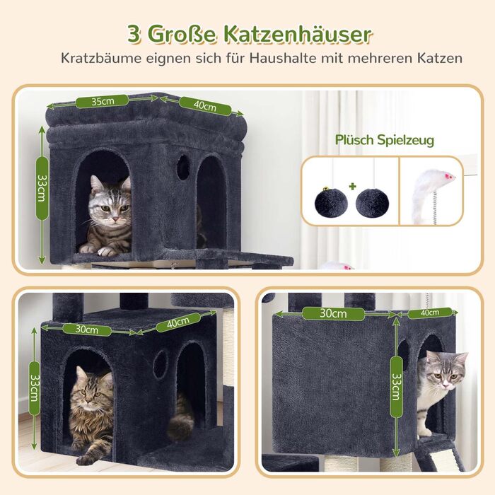 Дерево-кіготь Globlazer для котів на 2-4 котів з великою печерею, м'яким гніздечком, сходами з сизалю, іграшками, стабільним дизайном, висотою 133 см (XL, темно-сірий)