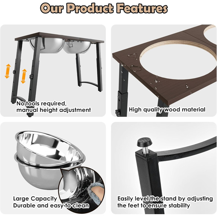 Підвищені годівниці для собак великих та екстра-великих порід, з нековзною підстилкою, об'єм 3000 мл (2 шт.), стабільна годівниця висотою 46 см, коричневого кольору.