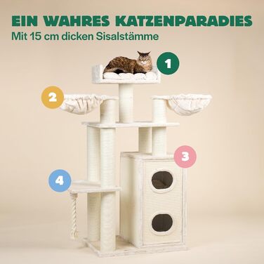 Дерев'яний котячий комплекс RHRQuality Cat Paradise для великих котів з когтеточкою, люкс-лежанкою та стовпами Ø15 см, кремовий