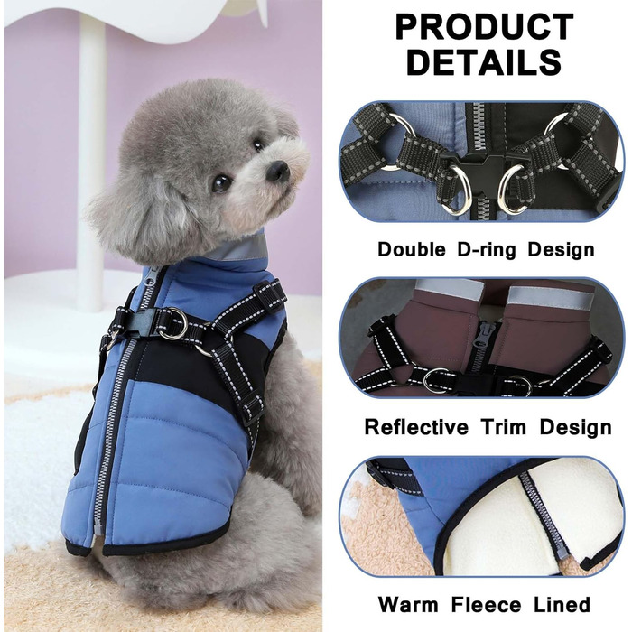 Теплий зимовий одяг для собак та котів - флісова куртка з повдком, D-подібним кільцем, світловідбиваючими елементами, для чихуахуа, йоркширського тер'єра (блакитний, XS)