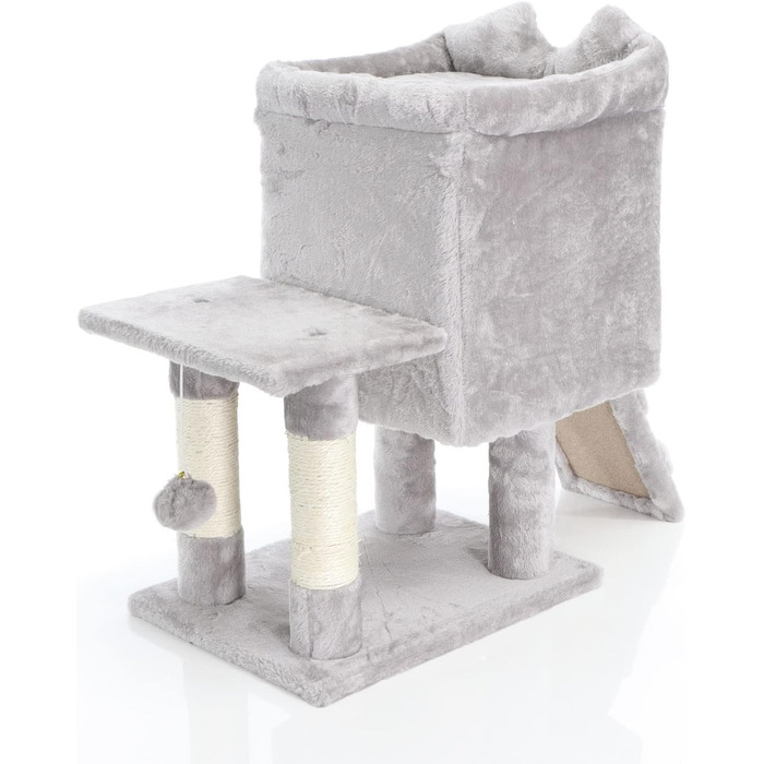 Дряпка для котів Fudajo 60 см з будиночком, платформами та ігровими елементами, покриття сизаль, сірий колір