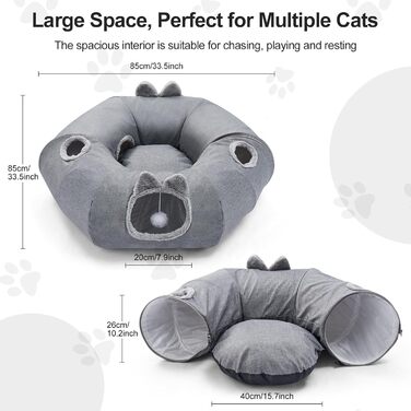 Туннель-ліжко для котів Odoland з м'яким лежком, інтерактивна іграшка з кулькою та шурхотливим тунелем для кошенят, кроликів, цуценят та інших дрібних тварин