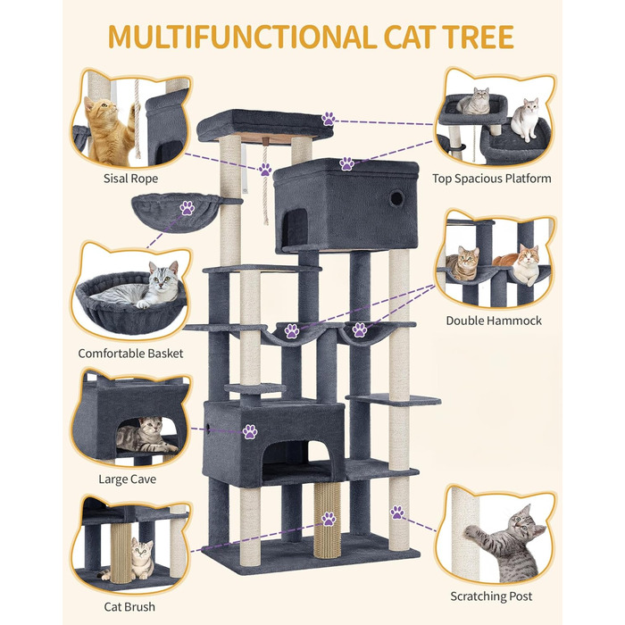 Декілька рівнева кігтеточка для котів Hzuaneri MS20018LG, 200 см, XXL, 10 стовпчиків, 2 печери, 2 гамаки, велика платформа, щітка для котів, кошик, для мейн-кунів та великих котів