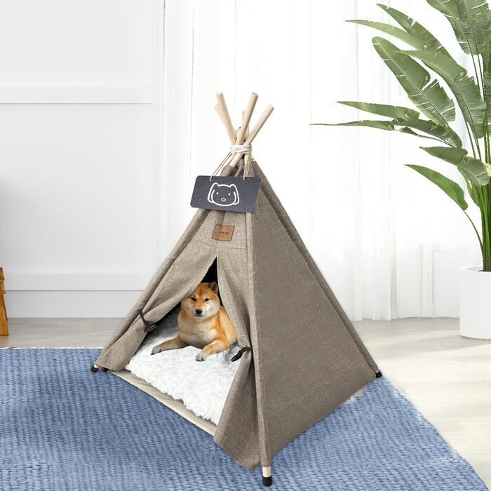 Палатка для тварин Tipi, будиночок для собак та котів з плюшевою подушкою, 60x60x70 см, коричневий
