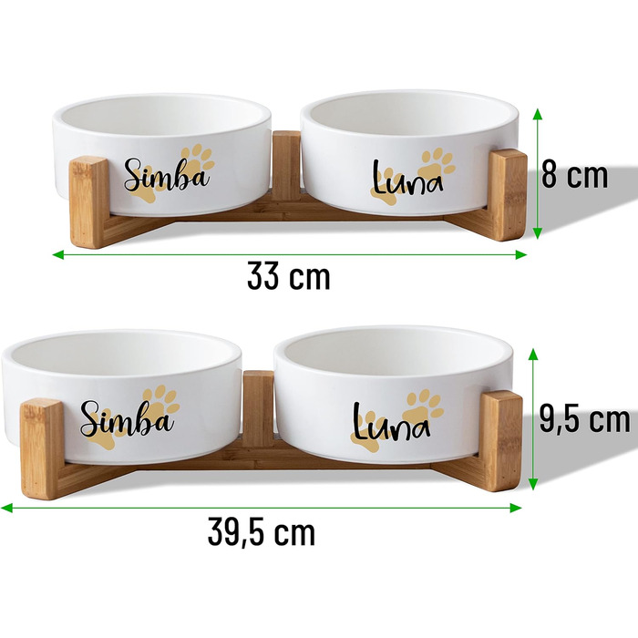 Керамічний подвійний набір мисок з іменем для собак та котів 'Дві маленькі лапки' - персоналізований набір мисок з/без підставки | Миска для собак, годівниця, миска для їжі | Годівниця (2x 1300 мл, з підставкою)