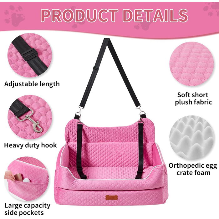 Автокрісло для собак великих та середніх порід – підйомник з memory foam для собак вагою до 25 кг або 2 маленьких собак, знімний та пральний лежак з товстим матрацом та кишенями для зберігання, Рожевий, Large Pink