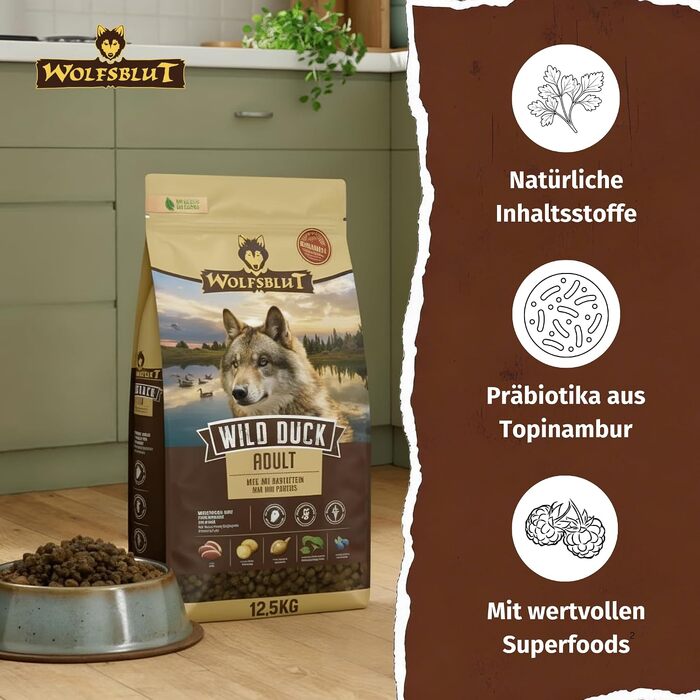 Сухий корм для дорослих собак WOLFSBLUT Wild Duck з качкою та суперфудами, беззерновий, 12.5 кг