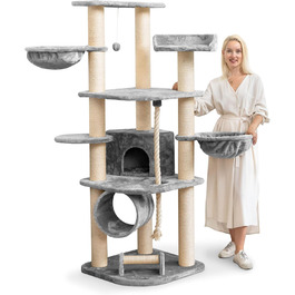 HAPPYPET Дряпка для котів 181 см, стійке котяче дерево, товсті стовпи 11 см, будиночок і ігровий тунель, великі лежанки, канат, сірий