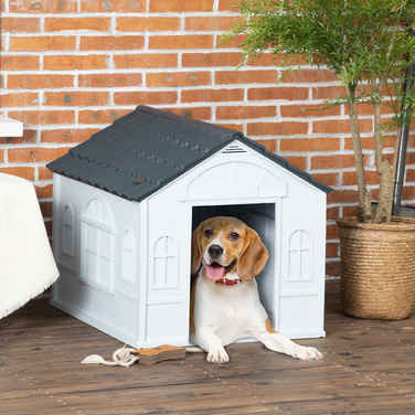 PawHut Dog House, Будка для собаки з сідловим дахом, Погодостійкий будиночок для маленьких домашніх тварин для середніх собак до 20 кг, Будка для собак на відкритому повітрі, 65 x 75,7 x 63 см, Сірий | Аосом