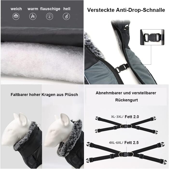 Водонепроникна куртка для собак на зиму, 6XL, сіра. З кріпленням для повідка, регульована, для великих і середніх собак. Ідеально для занять спортом на відкритому повітрі.