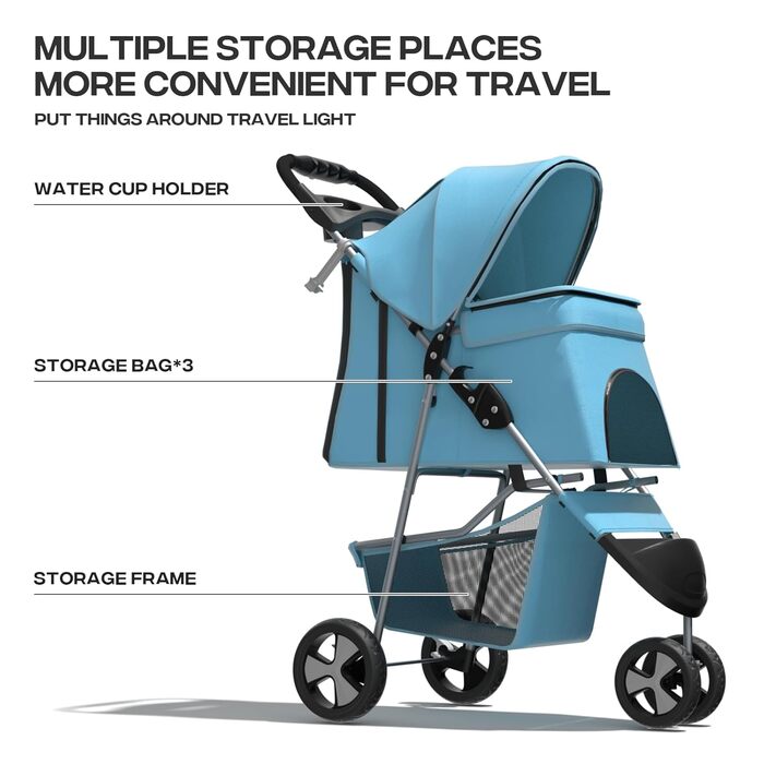 Дитяча коляска для котів та собак, 3 колеса, складний бугі для тварин, 13.6 кг, з кошиком та тримачем для напоїв, м'ятний колір