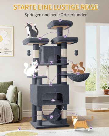 Кігтеточка для котів Hzuaneri 176 см, XL, 3 платформи, 2 печери, 7 стовпчиків, гамак, плюшеві кульки, для багатокотових сімей, темно-сірий MS17618SG