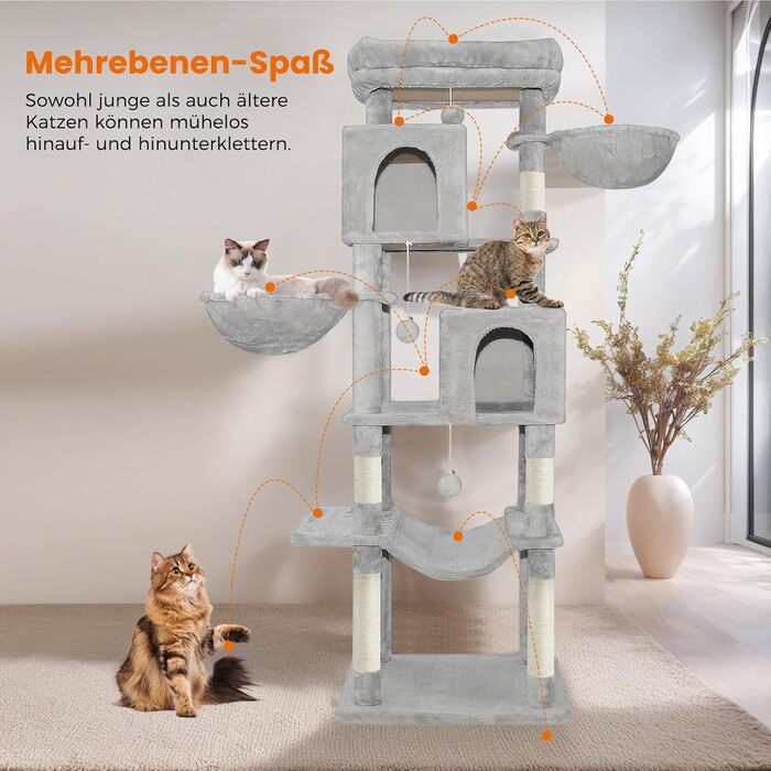 Котячий комплекс LEEJARD XXL: великий дерев'яний будиночок для котів з платформами, стійками для шліфування, будиночком, гамаком, іграшками та захистом від перекидання (180 см, світло-сірий)