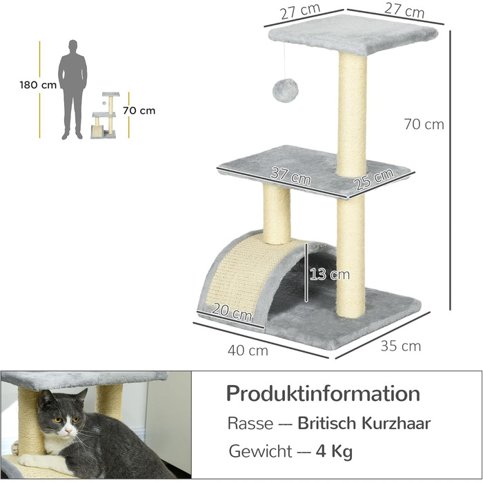 Кігтеточка PawHut для котів 72 см: багатоярусна, з м'ячиками, сизаль, платформа, дряпальня, для середніх котів, кремово-білий (світло-сірий)