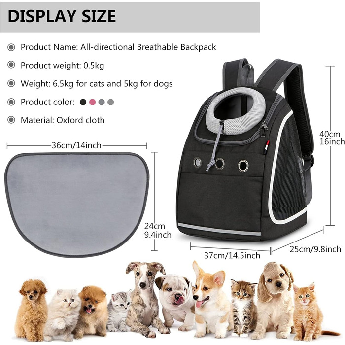 Рюкзак для собак та котів PETCUTE: зручний та практичний для подорожей, хаджінг, кемпінгу. Чорний колір.