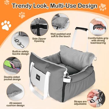 Автокрісло для собак 3-в-1 з розкладним ліжком – переносна автолюлька для маленьких собак, з м'яким матрацом, для переднього або заднього сидіння, внутрішнє та зовнішнє використання (02-Сірий)