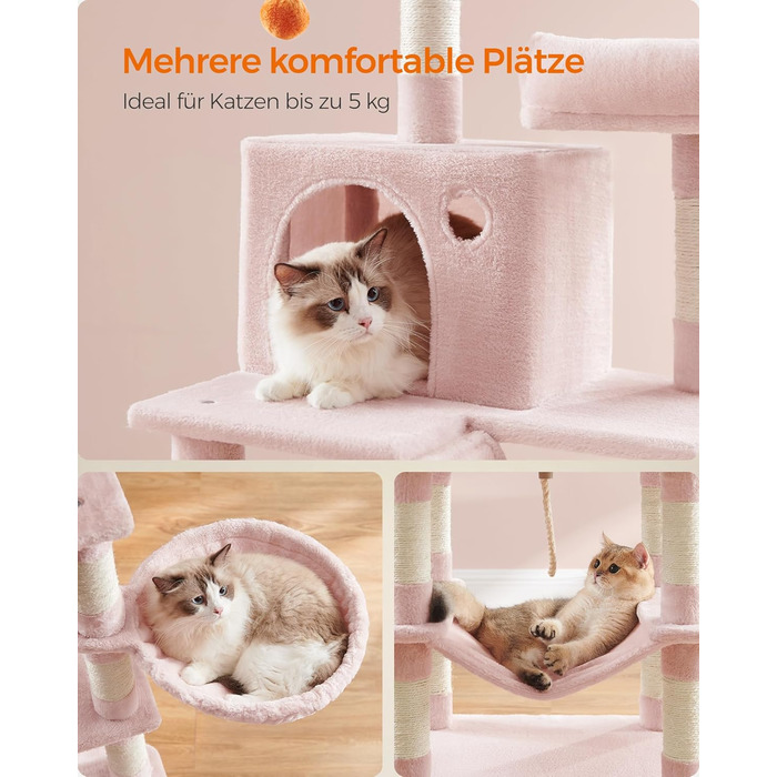 Велика когтеточка для котів Feandrea 168 см, багаторівнева, 13 стовпців, 2 платформи, 2 будиночки, кошик, гамак, ігрові м'ячики, бежевий